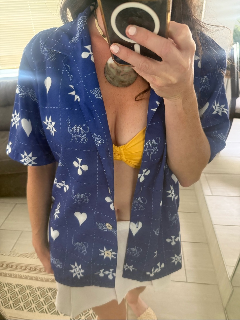 ÉLIOU Royal Blue Button-Up Shirt with White Motifs